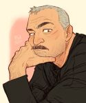  1boy aaron_gruber_(o_natsuo88) bara beard_stubble facial_hair grey_hair hand_hair hand_on_own_face highres looking_at_viewer male_focus mature_male mustache o_natsuo88 old old_man original receding_hairline scar scar_on_cheek scar_on_face shirt short_hair solo stubble thick_eyebrows thick_mustache upper_body wrinkled_skin 