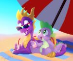 activision anthro beach beverage claws container crossover cup day dragon duo eye_contact eyewear feral friendship_is_magic hasbro hi_res looking_at_another male maybehawthorn my_little_pony mythological_creature mythological_scalie mythology open_mouth open_smile purple_body sand scalie signature smile spike_(mlp) spyro spyro_the_dragon sunglasses umbrella