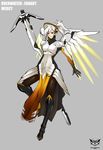  armor black_eyes boots garayann grey_background highres mechanical_halo mechanical_wings mercy_(overwatch) overwatch pantyhose ponytail simple_background skin_tight smile solo wings yellow_wings 