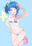  1girl ahoge bikini blue_background blue_bikini blue_eyes blue_hair breasts cowboy_shot cut_bangs highres hirogaru_sky!_precure long_hair navel nemo_(user_ryaa2474) one_eye_closed precure side-tie_bikini_bottom side_ponytail small_breasts smile solo sora_harewataru standing standing_on_one_leg star_(symbol) swimsuit toeless_footwear two-tone_bikini 