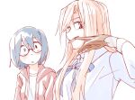  2girls biting blonde_hair blue_eyes blue_hair blue_ribbon blush brown_gloves collared_shirt commentary egakuning english_commentary glasses glove_biting gloves heterochromia highres hood hoodie kamikoshi_sorawo long_hair long_sleeves looking_at_another looking_at_viewer multiple_girls neck_ribbon nishina_toriko open_clothes open_hoodie red_hoodie ribbon shirt short_hair simple_background upper_body urasekai_picnic white_background white_shirt 