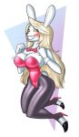 anthro blonde_hair bow_tie bunny_costume c91 charlie_morningstar clothing costume cuffs_(clothing) demon female footwear hair hazbin_hotel hi_res high_heels lagomorph legwear leporid long_hair mammal pantyhose rabbit red_clothing solo white_body