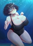  1girl air_bubble black_hair black_one-piece_swimsuit blue_background blush breasts bubble clenched_hands closed_mouth collarbone commentary_request commission covered_navel covered_nipples foot_out_of_frame goggles highres holding_breath huge_breasts light_rays medium_hair one-piece_swimsuit original pixiv_commission plump red_one-piece_swimsuit rolling_eyes solo swimsuit tatehiza_makura thick_thighs thighs underwater 