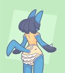 2024 5_fingers abstract_background anthro baggashame black_pseudo_hair blue_ears blue_tail bottomwear breasts clothed clothed_anthro clothed_female clothing diaper diaper_cover female female_anthro fingers furgonomic_bottomwear generation_4_pokemon gloves_(marking) green_background hand_spike head_tilt hi_res lucario lucie_(baggashame) markings nintendo pokemon pokemon_(species) prick_ears pseudo_hair rear_view shirt simple_background snout solo spikes spikes_(anatomy) standing tail topwear yellow_clothing yellow_shirt yellow_topwear
