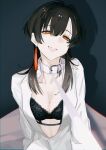  1girl alternate_costume black_bra black_hair bra breasts brown_hair collar earrings grey_hair highres holding holding_leash jewelry kenshuusei_(kensuuu0225) large_breasts leash long_sleeves looking_at_viewer multicolored_hair nijisanji open_clothes open_mouth open_shirt orange_eyes pet_play pov shirayuki_tomoe smile solo underwear viewer_holding_leash virtual_youtuber 