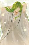  1other androgynous arms_up ashino collarbone commentary_request enkidu_(fate/strange_fake) eyelashes fate/strange_fake fate_(series) green_eyes green_hair hair_over_one_eye hands_in_hair highres hood hood_down hooded_robe light_particles long_hair looking_at_viewer parted_lips robe solo standing straight_hair very_long_hair white_robe 