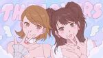  2girls angel_wings brown_hair english_text fur_trim heart highres jewelry kujikawa_rise light_brown_eyes light_brown_hair multiple_girls persona persona_3 persona_4 ring short_hair takeba_yukari twintails upper_body usa_(kawaii_152cm) wings 