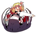  black_vest blonde_hair blood blood_splatter blush blush_stickers cowboy_shot darkness fang hair_ribbon ini_(inunabe00) necktie open_mouth outstretched_arms red_eyes red_neckwear red_ribbon ribbon rumia shirt short_hair solo touhou transparent_background vest white_shirt 