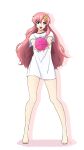  1girl ball barefoot blue_eyes commentary_request full_body gundam gundam_seed hair_ornament haro highres lacus_clyne long_hair pink_hair shirt simple_background smile solo standing t-shirt takatoshi white_background 