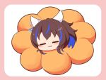  1girl :3 animal_ears blue_hair border brown_hair chibi closed_eyes closed_mouth daitaku_helios_(umamusume) fang fang_out gomashio_(goma_feet) hair_ornament hairclip horse_ears multicolored_hair pink_border side_ponytail solo star_(symbol) star_hair_ornament streaked_hair umamusume white_background 