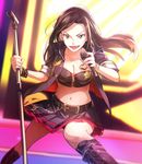  aki_(neyuki41028) bad_id bad_twitter_id black_hair breasts cleavage fang idolmaster idolmaster_cinderella_girls idolmaster_cinderella_girls_starlight_stage jacket long_hair looking_at_viewer medium_breasts microphone microphone_stand midriff mukai_takumi open_clothes open_jacket open_mouth skirt smile solo 