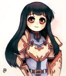  1girl armor astrid_(fire_emblem) belt black_hair breastplate breasts brown_eyes fire_emblem fire_emblem:_radiant_dawn long_hair looking_at_viewer lowres medium_breasts mee4 pauldrons shoulder_armor smile solo white_armor 