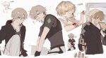  1boy aventurine_(honkai:_star_rail) bandaged_arm bandages black_gloves black_jacket black_shirt blonde_hair blood dog_tags fingerless_gloves gloves gun hair_between_eyes hanliiii highres holding holding_gun holding_weapon honkai:_star_rail honkai_(series) injury jacket jewelry male_focus multicolored_eyes necklace official_alternate_costume purple_eyes shirt short_hair simple_background smile solo t-shirt weapon 