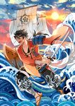  bird black_hair blue_sky boat brown_eyes cloud full_body getiao katana looking_to_the_side male_focus mutsu-no-kami_yoshiyuki oar open_mouth outdoors ponytail sandals seigaiha ship sky solo sun sword tattoo touken_ranbu water watercraft waves weapon wide_sleeves 