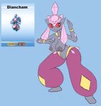 2019 areola big_breasts blue_background breasts diancie digital_media_(artwork) elfdrago english_text female fighting_pose fusion gem generation_3_pokemon generation_6_pokemon grey_areola grey_body hi_res humanoid hybrid_pokemon jewelry legendary_pokemon medicham necklace nintendo nipple_piercing nipples piercing pixel_(artwork) pokemon pokemon_(species) pokemon_fusion pose red_sclera simple_background text