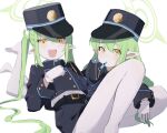  2girls absurdres belt black_belt black_hat black_jacket black_shorts blue_archive closed_mouth gloves green_hair green_halo halo haramaki_(haranomaki) hat highlander_sidelocks_conductor_(blue_archive) highlander_twintails_conductor_(blue_archive) highres jacket long_hair long_sleeves looking_at_viewer mouth_hold multiple_girls pantyhose peaked_cap pointy_ears shorts sidelocks simple_background sketch twintails white_background white_gloves white_pantyhose yellow_eyes 