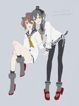 2girls alternate_legwear anchor artist_name bangs bare_legs black_hair boots brown_eyes brown_hair commentary_request dated dress grey_background grey_footwear grey_hair hand_on_another's_arm hat headgear high_heels highres kantai_collection leg_up long_sleeves looking_at_viewer mini_hat mixed_media multicolored_hair multiple_girls neckerchief open_mouth panties sailor_collar sailor_dress short_hair side-tie_panties sidelocks sitting sketch smile standing teeth thighhighs tied_dress tokitsukaze_(kantai_collection) traditional_media underwear white_panties yoshikawa_yuruco yukikaze_(kantai_collection) 