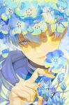  1boy absurdres blue_eyes blue_flower blue_hair blue_theme cloak closed_mouth dappled_sunlight fingernails flower flower_wreath hair_between_eyes hand_up head_wreath highres himmel_(sousou_no_frieren) male_focus nakauma one_eye_closed portrait short_hair smile solo sousou_no_frieren sunlight 