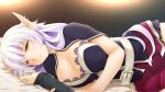  1girl atelier-moo bedroom belt breasts cleavage closed_mouth cowboy_shot dark_elf elf hair_between_eyes half-closed_eyes highres large_breasts long_hair long_pointy_ears lying miniskirt narrow_waist on_bed pointy_ears purple_hair silvia_milsteen skinny skirt thighs wizards_symphony yellow_eyes 