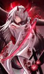  1girl absurdres acheron_(honkai:_star_rail) blood blood_on_clothes commentary flower grey_hair head_tilt highres holding holding_sword holding_weapon honkai:_star_rail honkai_(series) horns japanese_clothes katana kimono long_hair long_sleeves purple_eyes red_flower shouhaku0512 solo sword very_long_hair weapon white_kimono wide_sleeves 