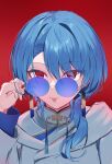  1girl :p blue-tinted_eyewear blue_hair earrings hair_between_eyes highres hololive hoshimachi_suisei hoshimachi_suisei_(8th_costume) jewelry long_sleeves looking_at_viewer nanashi1650 neck_tassel official_alternate_costume official_alternate_eye_color round_eyewear semi-rimless_eyewear short_hair simple_background solo sunglasses tassel tassel_earrings tinted_eyewear tongue tongue_out virtual_youtuber wolf_cut 