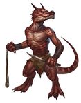  anthro clothing digitigrade dungeons_&amp;_dragons horn knife kobold loincloth male melee_weapon muscular muscular_male official_art pecs reptile scalie simple_background sling solo staff weapon 