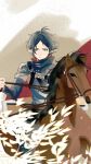  1boy animal aqua_eyes arknights black_cape black_hair brown_horse cape chinese_clothes chinese_commentary commentary_request eyes_visible_through_hair high_collar highres horse horseback_riding looking_at_viewer male_focus messy_hair ourei_(qianxian_wu_yichang) parted_bangs parted_lips pointy_ears red_cape riding short_hair slit_pupils solo two-sided_cape two-sided_fabric watermark weibo_logo zuo_le_(arknights) 