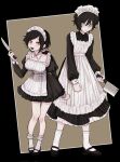  1boy 1girl andrew_graves apron artist_request ashley_graves black_footwear black_hair breasts cleaver green_eyes highres holding holding_knife knife looking_at_another maid maid_apron maid_headdress otoko_no_ko pink_eyes siblings socks the_coffin_of_andy_and_leyley white_socks 