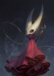  1girl absurdres arthropod_girl bugmeyer cloak full_body highres hollow_eyes hollow_knight hornet_(hollow_knight) mask needle_(hollow_knight) no_humans red_cloak standing weapon weapon_on_back 