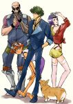  2girls barefoot cigarette cowboy_bebop dark-skinned_female dark_skin edward_wong_hau_pepelu_tivrusky_iv ein_(cowboy_bebop) faye_valentine green_hair highres jet_black multiple_boys multiple_girls prosthesis prosthetic_arm purple_hair simple_background spike_spiegel sunglasses tobalin 