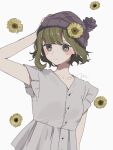  1girl arm_up bare_arms beanie blunt_bangs buttons closed_mouth collarbone dress flower green_eyes green_hair grey_dress hand_on_headwear hat looking_at_viewer maco22 original short_hair short_sleeves signature simple_background solo sunflower upper_body white_background yellow_flower 