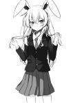  1girl absurdres animal_ears blazer blush closed_mouth collared_shirt commentary crescent crescent_pin greyscale hands_in_hair highres jacket long_hair long_sleeves looking_at_viewer monochrome necktie pleated_skirt rabbit_ears reisen_udongein_inaba shirt simple_background skirt smile solo touhou tsuukinkaisoku_oomiya white_background 