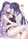  2girls acheron_(honkai:_star_rail) bare_shoulders black_bra black_swan_(honkai:_star_rail) bra breasts chinoa commentary heart highres honkai:_star_rail honkai_(series) hug multiple_girls navel purple_eyes purple_hair shirt simple_background stomach thighs tongue tongue_out underwear veil white_background white_shirt yellow_eyes yuri 