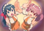  2girls @_@ azumaya_koyuki bare_shoulders blue_eyes blue_hair blush breasts collared_shirt detached_sleeves foreshortening frilled_sleeves frills hand_up highres hinata_natsumi keroro_gunsou long_hair maid maid_headdress medium_breasts mind_control multiple_girls necktie open_mouth orange_necktie orange_skirt pink_hair ponytail red_eyes shirt skirt standing thighhighs twintails white_shirt white_sleeves white_thighhighs yamamori_kuukai 