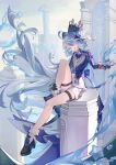  1girl :d absurdres ahoge ascot back_bow black_footwear black_gloves blue_ascot blue_coat blue_eyes blue_hair blue_hat blue_theme bow chinese_commentary coat column commentary_request curly_hair floating_hair from_side full_body furina_(genshin_impact) genshin_impact gloves hair_between_eyes hand_on_own_leg hat hat_ornament head_tilt highres hydrokinesis knee_up long_hair looking_at_viewer multicolored_hair open_mouth pillar shirt shoes shorts single_glove sitting smile solo streaked_hair tailcoat thigh_strap top_hat two-tone_hair very_long_hair water white_shirt white_shorts zhengzhengyaozhengfa 
