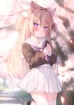  1girl :o animal_ears black_shirt blurry blurry_background blush cat_ears cat_girl cherry_blossoms commission day falling_petals foot_up hair_between_eyes hair_intakes hakua_aa highres knees_together_feet_apart light_brown_hair long_hair long_sleeves looking_at_viewer miniskirt neckerchief open_mouth original outdoors own_hands_together petals pleated_skirt purple_eyes purple_neckerchief sailor_collar school_uniform serafuku shirt sidelocks skeb_commission skirt solo thighhighs two_side_up white_sailor_collar white_skirt white_thighhighs zettai_ryouiki 