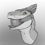 1:1 2022 adeer ambiguous_form ambiguous_gender ball_gag countershade_face countershade_neck countershading dinosaur dromaeosaurid feathers gag gagged gradient_background headshot_portrait hi_res portrait pupils reptile scalie simple_background slit_pupils solo teeth theropod tongue tongue_out yellow_eyes