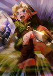  aoki_(fumomo) blonde_hair blue_eyes boots fighting_stance hat link male_focus motion_blur open_mouth pointy_ears shield solo sword the_legend_of_zelda the_legend_of_zelda:_ocarina_of_time tunic weapon young_link 