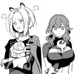  2girls alternate_hair_length alternate_hairstyle animal_ears b_(wldms6650) blush breasts byleth_(female)_(fire_emblem) byleth_(fire_emblem) cape cleavage_cutout closed_eyes closed_mouth clothing_cutout commentary_request crossed_arms edelgard_von_hresvelg fire_emblem fire_emblem:_three_houses greyscale highres large_breasts leopard_ears leopard_girl leopard_tail long_hair monochrome multiple_girls open_mouth short_hair short_sleeves tail tail_between_breasts upper_body 