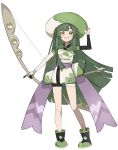  1girl absurdres adapted_costume arrow_(projectile) bike_shorts blunt_bangs blunt_ends blush_stickers boots bow_(weapon) food-themed_hat full_body gloves green_hair grin hand_on_headwear highres hime_cut hiragi_sage holding holding_bow_(weapon) holding_weapon index_finger_raised japanese_clothes kimono long_hair long_sleeves looking_at_viewer multicolored_clothes multicolored_kimono partially_fingerless_gloves poke_ball pokemon pokemon_swsh purple_sash quiver sash short_kimono shoulder_strap simple_background single_glove smile solo standing touhoku_zunko very_long_hair voiceroid weapon white_background yellow_eyes zunda_mochi 