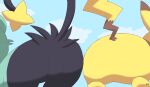 absurd_res ambiguous_gender black_body black_fur blue_body blue_fur brown_body brown_fur butt butt_bump duo feral fur generation_1_pokemon generation_4_pokemon hi_res nintendo pichu90 pikachu pokemon pokemon_(species) rear_view shinx yellow_body yellow_fur