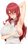  absurdres akamashi arm_up armpit_crease armpits blush breasts covered_nipples highres kirijou_mitsuru large_areolae large_breasts nipple_slip nipples persona persona_3 puffy_nipples red_hair shirt_aside sleeveless sleeveless_turtleneck sweat sweater turtleneck turtleneck_sweater 