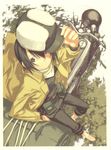  1girl androgynous bare_feet black_eyes black_hair brimmed_hat feet flat_chest fur hat hermes kino kino_no_tabi longcoat looking_at_viewer motorad motorcycle official_art short_hair smile solo vehicle water 