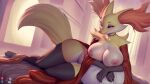 2024 anthro areola artist_name big_breasts breasts delphox digital_media_(artwork) eyebrows eyelashes female fur generation_6_pokemon inner_ear_fluff lying multicolored_body multicolored_fur nintendo nipples on_side pakwan008 pokemon pokemon_(species) solo tail tuft