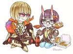  1girl :d bag bespectacled blonde_hair bottle cardigan chibi chips coca-cola cosplay doughnut fangs fate/extra fate/extra_ccc fate/grand_order fate_(series) food glasses handbag horns jinako_carigiri jinako_carigiri_(cosplay) kano_shinobu karna_(fate) karna_(fate)_(cosplay) oni open_mouth pizza pizza_box potato_chips purple_hair sakata_kintoki_(fate/grand_order) seiyuu_connection shuten_douji_(fate/grand_order) smile soda_bottle sunglasses yusa_kouji yuuki_aoi 