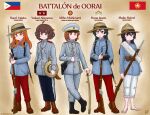  5girls ahoge akiyama_yukari alternate_costume bayonet black_footwear black_hair brown_footwear brown_hair character_name english_commentary full_body girls_und_panzer grey_eyes grey_jacket gun hat highres holster itsumi_erika jacket long_hair military_rank_insignia military_uniform multiple_girls nishizumi_maho nishizumi_miho orange_eyes orange_hair pants peaked_cap philippine_flag philippines red_pants rifle sash short_hair spanish_text sword takebe_saori tanuki_kobayashi uniform unworn_hat unworn_headwear weapon white_sash 