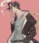  1boy 2020 belt black_hair black_pants blue_eyes chain cigarette coat collarbone dated half-closed_eyes hat highres jojo_no_kimyou_na_bouken kujo_jotaro long_coat long_sleeves male_focus multiple_belts muscular muscular_male open_clothes open_coat pants school_uniform short_hair smoke smoking solo stardust_crusaders y06407694 