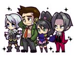  2boys 2girls ace_attorney ace_attorney_investigations ace_attorney_investigations:_miles_edgeworth arm_behind_head arms_at_sides ascot bandage_on_face bandages black_footwear black_gloves black_skirt black_vest blue_eyes blue_scarf bow brown_eyes brown_hair brown_pantyhose chibi chibi_only closed_mouth collared_shirt dick_gumshoe facial_hair franziska_von_karma full_body gloves goatee_stubble green_eyes green_jacket grey_eyes grey_footwear grey_hair grey_pants grey_skirt holding holding_whip jacket juliet_sleeves kay_faraday kotorai long_hair long_sleeves miles_edgeworth mole mole_under_eye multiple_boys multiple_girls open_mouth outline pants pantyhose pencil_behind_ear pink_outline ponytail puffy_sleeves red_gloves red_jacket red_pants scarf shirt shoes short_hair skirt sparkle stubble vest whip white_bow white_shirt 