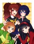  4girls absurdres amagi_yukiko black_hair blonde_hair blue_eyes blue_hair brown_eyes emi_star green_jacket highres jacket kujikawa_rise multiple_girls persona persona_4 red_eyes red_hair red_shirt satonaka_chie school_uniform shirogane_naoto shirt upper_body v v.v. 