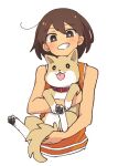  1boy animal bare_arms blush bright_pupils brown_eyes brown_hair cropped_torso dog dog_tail doroidsan grin hair_behind_ear hair_between_eyes holding holding_animal holding_dog kel_(faraway)_(omori) kel_(omori) looking_at_another omori orange_tank_top short_hair sleeveless smile tail tank_top tongue tongue_out upper_body white_background white_pupils white_trim wide-eyed 